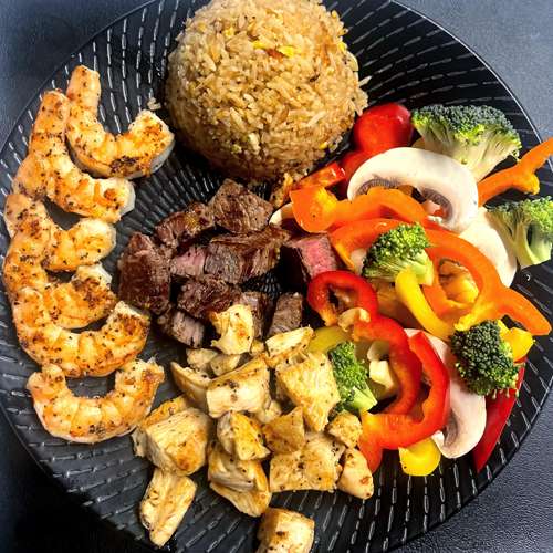 NY Strip Combo NY strip steak with chicken and shrimp hibachi plate CT